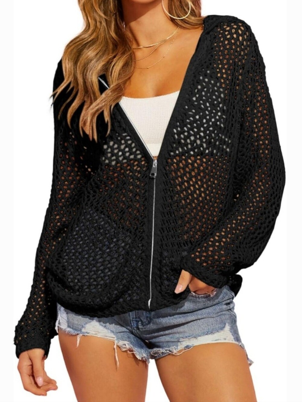 NWOT Soadimallsu Crochet Two-Way-Zip Hoodie Cover-Up Long Sleeve Black XL